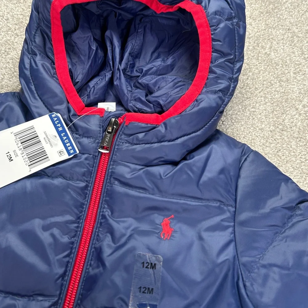 Ralph Lauren Polo Kids Puffer Jacket Down Red Logo Hood 12M Winter Coat Packable